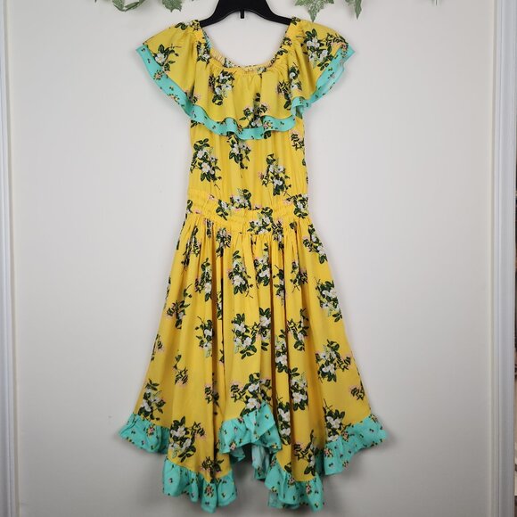 Matilda Jane Size XS Yellow Floral Ruffle Off the Shoulder Dress w/ Pockets NWT - Picture 2 of 7